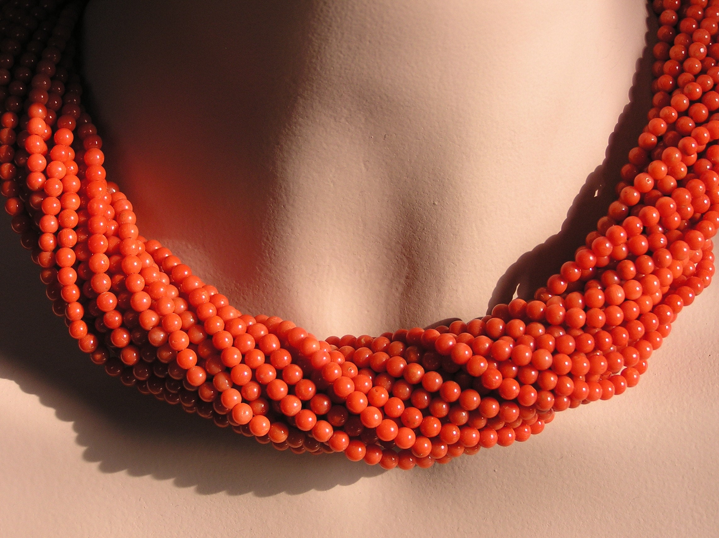 Vintage Italian Coral Torsade Necklace: Sterling Silver Bow Clasp 