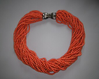 Vintage Italian Coral Torsade Necklace: Sterling Silver Bow Clasp