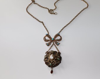 Victorian Austro-Hungarian Silver Necklace - Turquoise, Garnet, Pearl