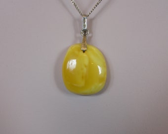 Russian Egg Yolk Amber Pendant with a Chain- Art deco Baltic Amber