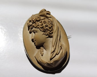 May include: A brown cameo brooch depicting a detailed profile of a woman with a draped shawl and a floral hairpiece.
