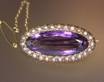 Victorian 15ct Gold Brooch: Amethyst & Natural Pearl, Antique English Jewelry