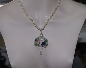 Edwardian Natural Salt Water Pearl Necklace with Plique'a - jour Silver Enamelled Pendant