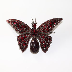 May include: A silver butterfly brooch with red garnet stones. The butterfly has a large, teardrop-shaped garnet in the center.