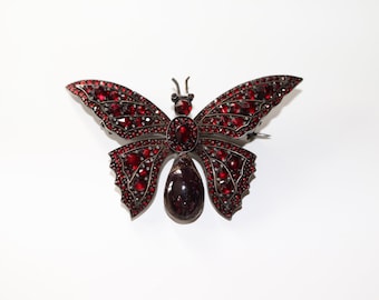 Broche de mariposa granate boho antiguo victoriano - Tamaño enorme