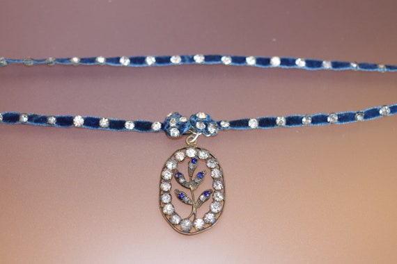 Edwardian Blue Velvet and Paste Necklace/Neckband,