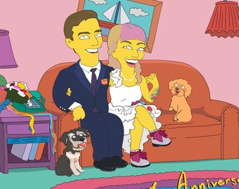 Retrato de 2 personas con mascota. Retrato personalizado - Regalo de aniversario para el marido. Retrato de boda personalizado, regalo del novio, ilustración de dibujos animados