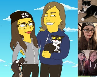 Retrato de 2 personas con mascota. Regalo de San Valentín. Regalo de compromiso, Regalo de aniversario para pareja. Retrato. Dibujo de caricatura, Dibujos animados con mascotas.