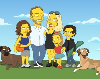Retrato familiar personalizado con mascota. Ilustración de los Simpson. Caricatura familiar personalizada. Idea de regalo para marido. Regalo de aniversario para marido.