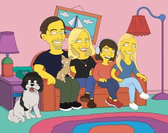 Retrato de 4 personas con mascota. Regalo de Navidad familiar. Regalo de aniversario para el esposo. Retrato personalizado con mascotas. Idea de regalo de cumpleaños para una familia numerosa