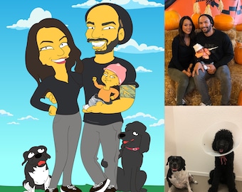 Retrato de 3 personas con mascota. Regalos para papá, retrato familiar, regalo para el día del padre, regalo de cumpleaños para papá. Retrato de dibujos animados, regalo personalizado para papá