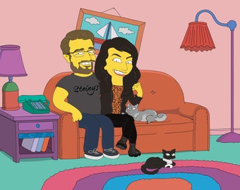 Retrato de 2 personas con mascota. Regalo de compromiso.Regalo de aniversario para novio.Ilustración de pareja.Retrato de compromiso. Regalo para esposa marido