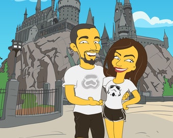 Retrato de dos personas con fondo personalizado. Regalo para padrinos de boda. Regalos para mejores amigos. Regalo personalizado para hombres. Regalo de Navidad para novio. Ilustración