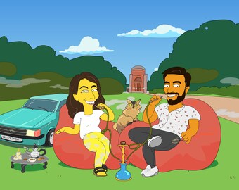 Retrato de 2 personas con fondo personalizado. Regalo de novia, arte de retrato, personalizado para ella. Regalo único para esposa, Ilustración de pareja, Regalo de boda