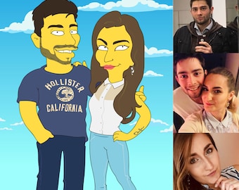 Retrato de dos personas. Regalo para hombre. Regalo para novio. Regalos de aniversario. Regalos de amor para él. Retrato personalizado. Ilustración de dibujos animados.