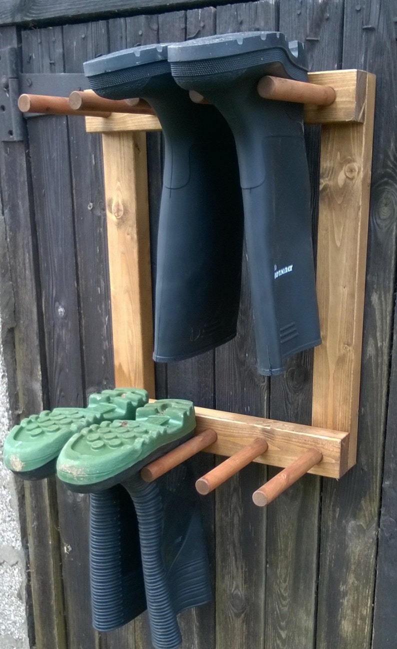 Wall mounted welly rack finished in dark oak 4 pair or Etsy