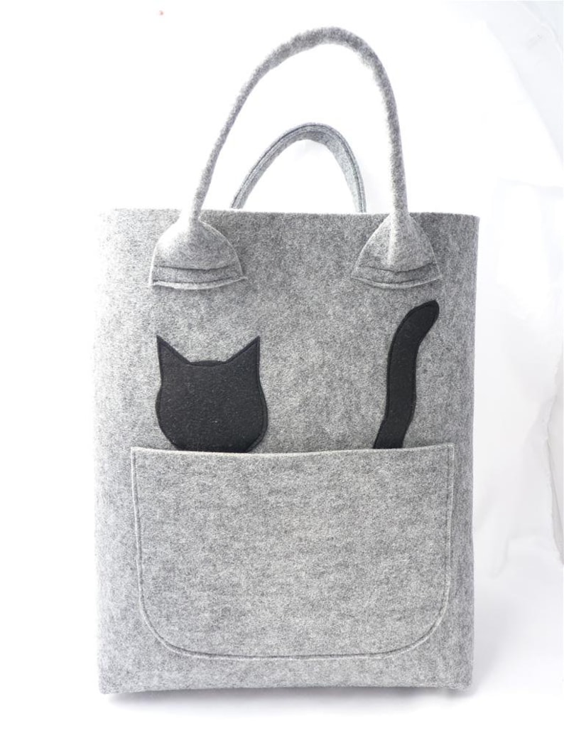 Felt bag with a cat, cat bag, gray felt bag, grey bag, catlover, cat's Day, funny bag, summer, image 3