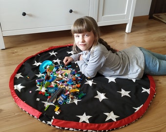 Black and white play mat,wooden blocks mat, Toy storage Bag, lego mat - bag