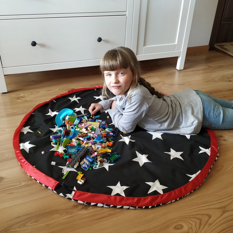 Schwarz-Weiß-Spielmatte, Holzblöcke Matte, Spielzeugtasche, Lego-Matte-Tasche Bild 1