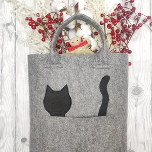 Felt bag with a cat, cat bag, gray felt bag, grey bag, catlover, cat's Day, funny bag, summer, image 4