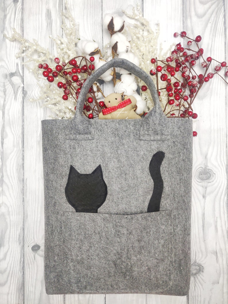 Felt bag with a cat, cat bag, gray felt bag, grey bag, catlover, cat's Day, funny bag, summer, image 4