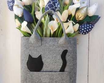 Felt bag with a cat, cat bag, gray felt bag, grey bag, catlover, cat's Day, funny bag, summer,