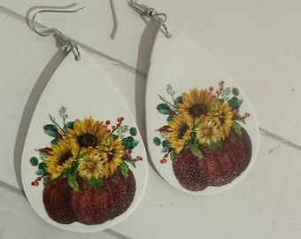 Fall Earrings,Teardrop Earrings,Sunflower Faux Leather Earrings,Fall Jewelry,Harvest Earrings,Pumpkins,Thanksgiving Earrings,Gift for her