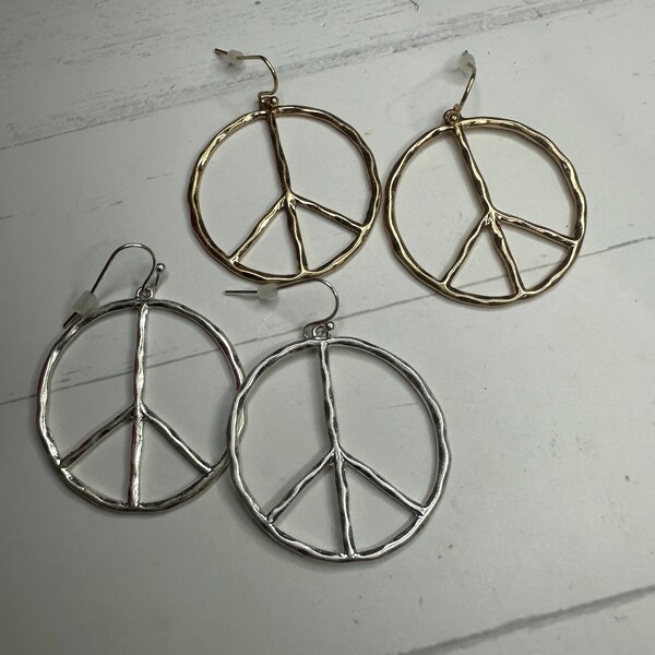 Hammered Round Peace Earrings,Gold Peace Earrings,Peace Jewelry,Gift for Her,Peace Corps,Tranquility,Quietude,Peace Symbol,BoHo,Free Spirit