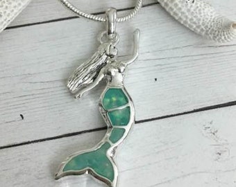 Opal Mermaid Necklace,Mermaid Jewelry,Mermaids,Mermaid Gift,Mermaid Lovers,Coastal Jewelry, Beach Jewelry,Silvertone Mermaid Necklace