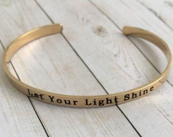 Let Your Light Shine Bangle,Stainless Steel Quote Bracelet,Gold Plated Cuff Bracelet