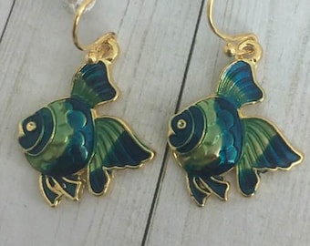 Gold Plated Enamel Fish Earrings: Ocean Aquatic Jewelry