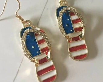 Gold Flip Flop Earrings,4th of July Earrings,Red White Blue Earrings,Flip Flop Earrings,Patriotic Earrings,Independence Day,Memorial Day