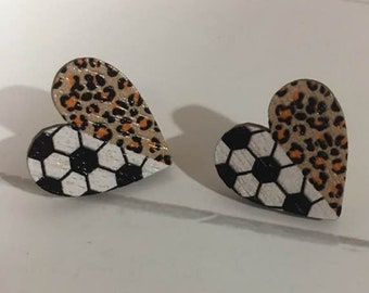 Wooden Heart Soccer Earrings,Soccer Ball Earrings, Soccer Jewelry,Soccer Ball Jewelry,Soccer leopard Earrings,Soccer Studs,Sport Earrings,