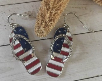 Patriotic Flip Flop Earrings: 4th of July Flag Jewelry,Red white blue,Beach,Patriot,USA,Independence Day,Labor Day
