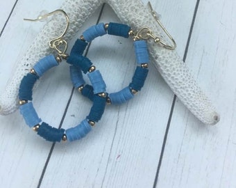 Coastal Disc Hoops,Blue Disc Hoop Earrings,Round Beachy Hoops,Blue Hoops,Rubber Disc Gold Hoops,Ocean Blue Hoop Earrings,Gift for Her,