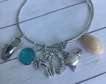 Tropical Beach  Adjustable Expandable Wire Bangle,Palm Tree Bangle,Cowry Shell Adjustable Bangle,Tropical Jewelry,Beachy Jewelry,Summer