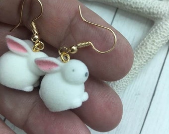 Bunny Earrings,Fuzzy Bunny Earrings,Easter Bunny Earrings,Easter Jewelry,White Rabbit Earrings,Flocked Bunny Earrings,Dangle Bunny Earrings