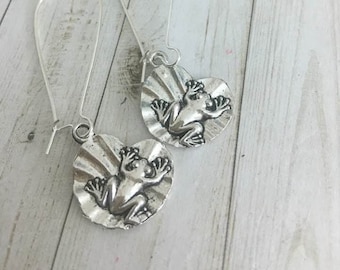Silver Frog Dangle Earrings: Lily Pad Amphibian Jewelry