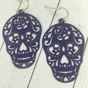 Purple Filigree Skull Earrings,Sugar Skull Earrings,Goth Earrings,Day of the Dead Earrings, Big Skull Head Earrings,Colorful Skull Earrings