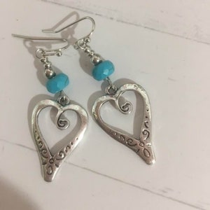 Turquoise Heart Earrings,Hollow Heart Earrings,Heart Shape Jewelry,Valentines Day Earrings,Gift for Her,Rustic Heart Dangle Earrings,Hearts