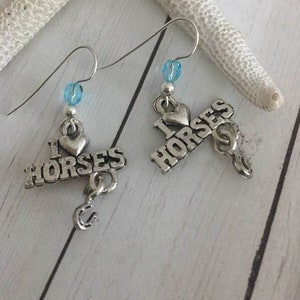 I Love Horses Earrings,Horse Dangle Earrings,Horse Lovers Gift,Equestrian,Horseback Riding,Horseshoe,Horses,Horse Jewelry,Horse Theme Gift