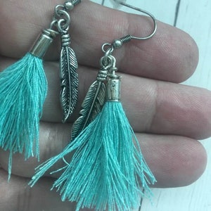Feather Tassel Earrings,Turquoise Tassel Earrings,BoHo Earrings,Feather Earrings,Feather Charm Earrings,Bohemian Jewelry,Free Spirit Earring