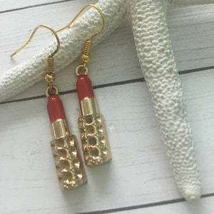 Lipstick Earrings,Makeup Earrings,Make up Rep Earrings, Lipstick Dangle Earrings,Gold Plated Red Lipstick Earrings,Beauty Rep,Lady Earrings