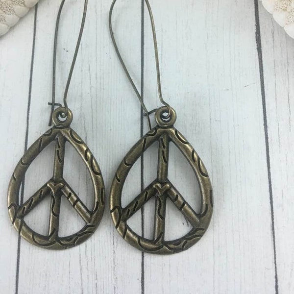Antique Bronze Peace Earrings,TearDrop Peace Earrings,Peace Jewelry,Peace Charm Dangle Earrings,Bronze Jewelry,Gift for Her,Peace Corps,