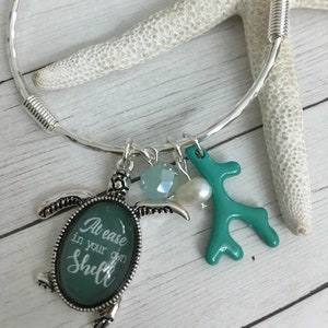 Sea Turtle Bangle,Glass Cabochan Sea Turtle Bracelet.At Ease In your own shell,Coastal Jewelry,Sealife Bracelet,Inspirational Sea Turtle,