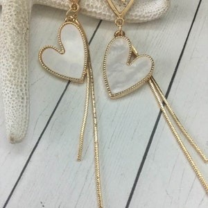 Dangle Heart Earrings,White and Gold Heart Earrings,Valentine Earrings,Valentines Day Jewelry,Gold Heart Hoops,Hoops and Dangle Earrings