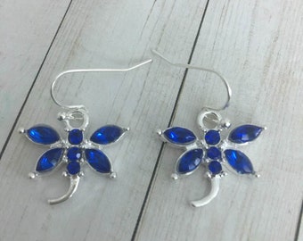 Blue Dragonfly Earrings,Silver Dragonfly Earrings,Dragonflies,Dragonfly Lovers Gift,Blue Rhinestone Dragonfly Earrings,