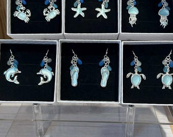 Seaglass Sealife  Earrings,Ocean Jewelry,Seaglass Jewelry,Beach,Coastal,Sea Glass,Dolphin,Crab,Flip Flop,Sea Turtle,Starfish,Jelly Fish