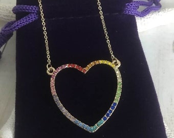 Rainbow Rhinestone Heart Necklace,Heart Jewelry,Gay Pride Necklace,LGBT Jewelry,Rainbow Pride Gift,Gold Rhinestone Heart Necklace,Colorful