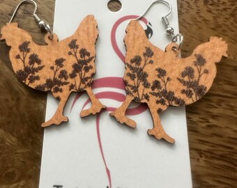 Wooden Chicken Earrings,Hen Earrings,Farm Earrings,Farmers Gift,Chicken Lovers Gift,Chicken Jewelry,Fowl,Cock,Rooster,Poultry,coop,Chick